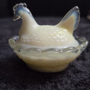 Boyd Glass Hen on Nest Figurine - Cream and Blue Decorative Dish